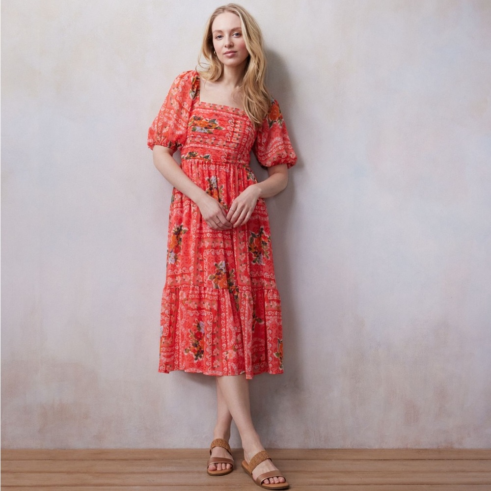 LC Lauren Conrad Coral Red Floral Puff Sleeve Midi Dress Womens M